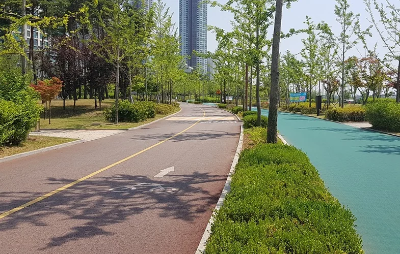 나무 사이로 이어지는 청라호수공원의 포장 산책로